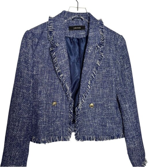 Zara Basic Womens Blue Tweed Frayed Hem Cropped Blazer Jacket Size Large - Picture 1 of 9